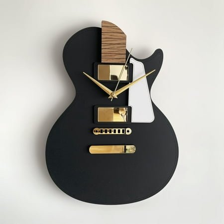 goodtime Guitar Clock, Black & Gold, Modern, Silent Clock, 11 x 15 inches, Acrylic, Oak, Music Theme, Quartz Mechanism, Unique Musical Gift for Men and Women, Wall Mount