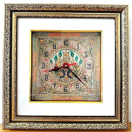 Handmade Marble Peacock Wall Clock, Quartz, Wooden Frame, LED Light Size: 15 X 15 Inches