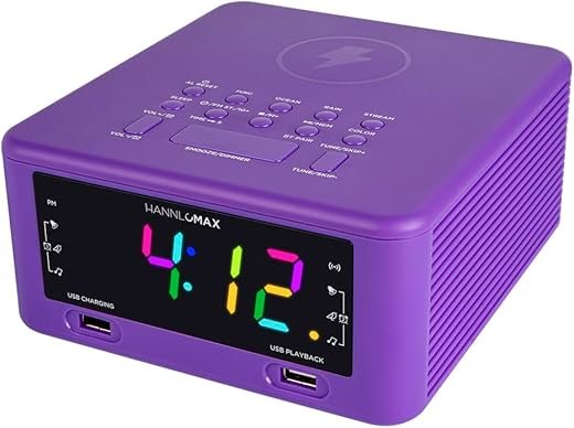 HANNLOMAX HX-206Wi Alarm Clock Radio with Wireless Charger, RGB Color Display, USB Port for Charging and MP3 Playback, Bluetooth, Soothing Sleep Sounds, Aux-in, AC Operation only. (Purple)
