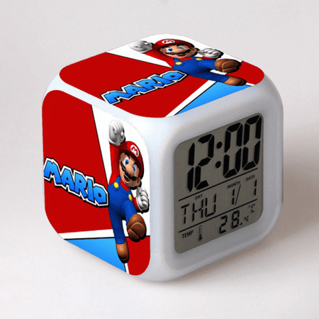 HANNTAOO Digital Alarm Clock for Kids, Cartoon Mario Pattern 7 LED Color Changing Wake Up Clock with Thermometer Function and Night Light, Gift for Boys Girls A93-216 HTNL#1079