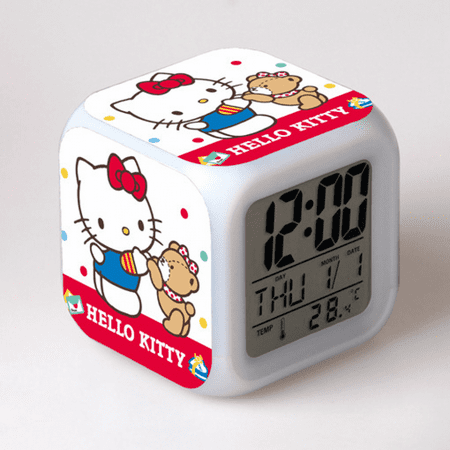 HANNTAOO Digital Alarm Clock for Kids, Hello Kitty Pattern 7 LED Color Changing Wake Up Clock with Thermometer Function and Night Light, Gift for Boys Girls A93-059 HTNL#1057