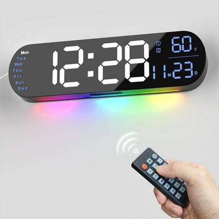 Hansang Digital Wall Clock with Remote Control, Auto-Dimming and 9 Colors, The Large Digital Clock Features a 13.7-In Wide Display