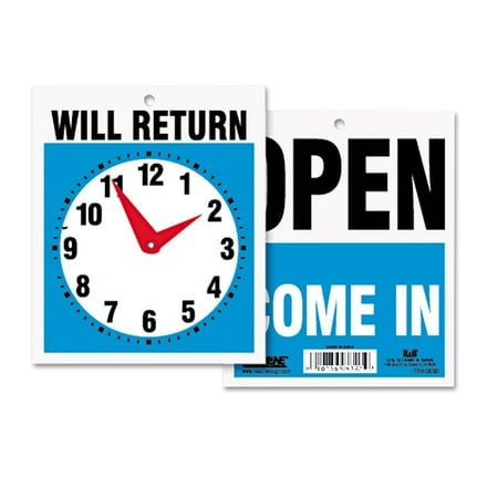 Headline Double-Sided Open/Will Return Sign w/Clock Hands, Plastic, 7 1/2 x 9