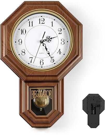 HEOMU Pendulum Wall Clocks Battery Operated, Wood-Looking Plastic Regulator Clock with Pendulum,Vintage Decorative Wall Clocks for Living Room,Office,Bedroom,Kitchen,Brown 11.8x17.7in