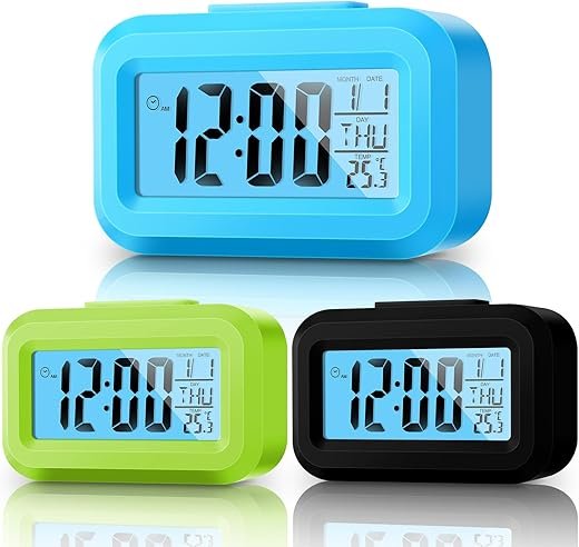 Highergo Digital Alarm Clock Large LCD Display, Simple Operation, Snooze Back Light, Time Date Month, Temperature Multifunction Clock for Bedrooms Office Travel Heavy Sleepers(Bright Colors,3 Pack)