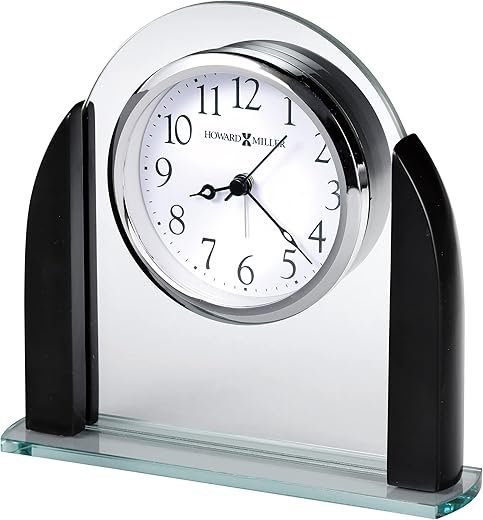 Howard Miller Aden Tabletop Alarm Clock - Arched Glass Design with Black Satin Wood, White Dial Black Arabic Numerals, Silver Alarm Hand, Quartz Movement, Ideal for Bedroom, Office or Room Décor