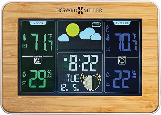 Howard Miller Bamboo Weather Station Alarm Clock, Battery Operated Colorful Weather LCD Illuminated Screen All-in-One Display, Bamboo Front Frame Sturdy Wooden Material for Home Decor