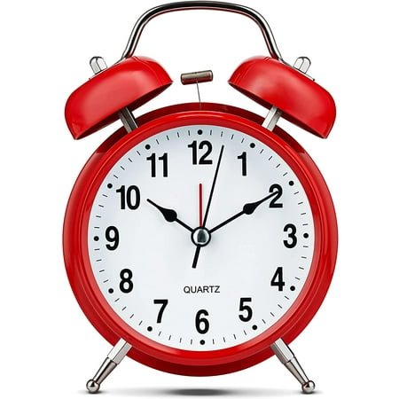Huangting Analog Alarm Clock 4 Twin Bell Vintage Red Silent Non-Ticking Quartz Battery Operated Extra Loud with Backlight for Bedside Table Desk, Retro Clocks Old Fashioned for Heavy Sleepers