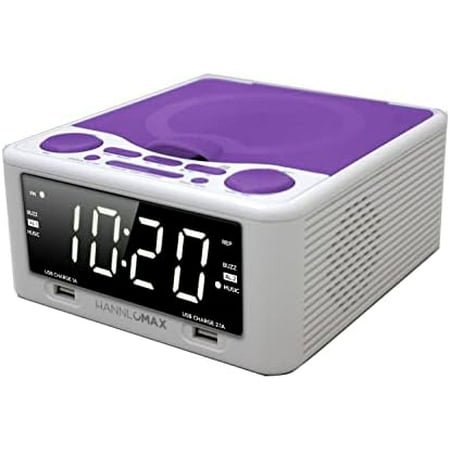 HX-300CD Top Loading CD Player, PLL FM Radio, Digital Clock, 1.2 White LED Display, Dual Alarms, Dual USB Ports for 2.1A and 1A Charging, AC/DC Adaptor Included (White_Purple)