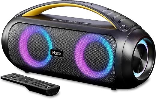 iHome Bluetooth Speaker Boombox with FM Radio, Color Changing Lights and Remote Control, Splash-Proof Wireless Speaker is Portable and Rechargeable (iBT920B.EXv24)