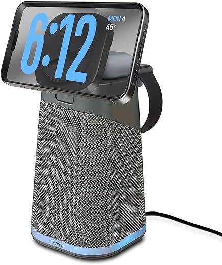 iHome Wireless Charging Station with Apple Watch Charger, Airpods Charger, Bluetooth Speaker, and Color Changing Night Light – Dark Grey (iPBT70DG)