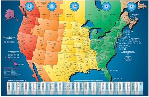 ImageAbility North America Laminated Gloss Time Zone Area Code Map with Reverse Lookup, Desk Size 11 by 17 Inches
