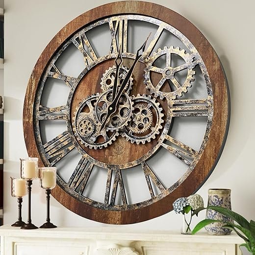 ImprovingLife The Gears Clock The Original Real Moving Gear Wall Clock Vintage Industrial Oversized Rustic Farmhouse (24 inch (60cm), Vintage Brown)