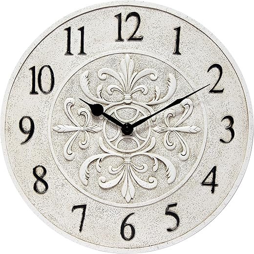 Infinity Instruments Blanc Fleur 15 inch Decorative Outdoor Wall Clock for Garage, Patio, Backyard, Outdoor Wall, Fence Vintage Ivory Antique Easy to Read Battery Operated