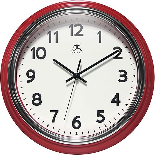 Infinity Instruments Retro 12 Inch Round, 1950's Vintage Style Wall Clock, Easy to Read, Silent Ticking, Quartz Movement, Battery Operated, Indoor Use - Wall Clocks for Kitchen, School, Living - Red