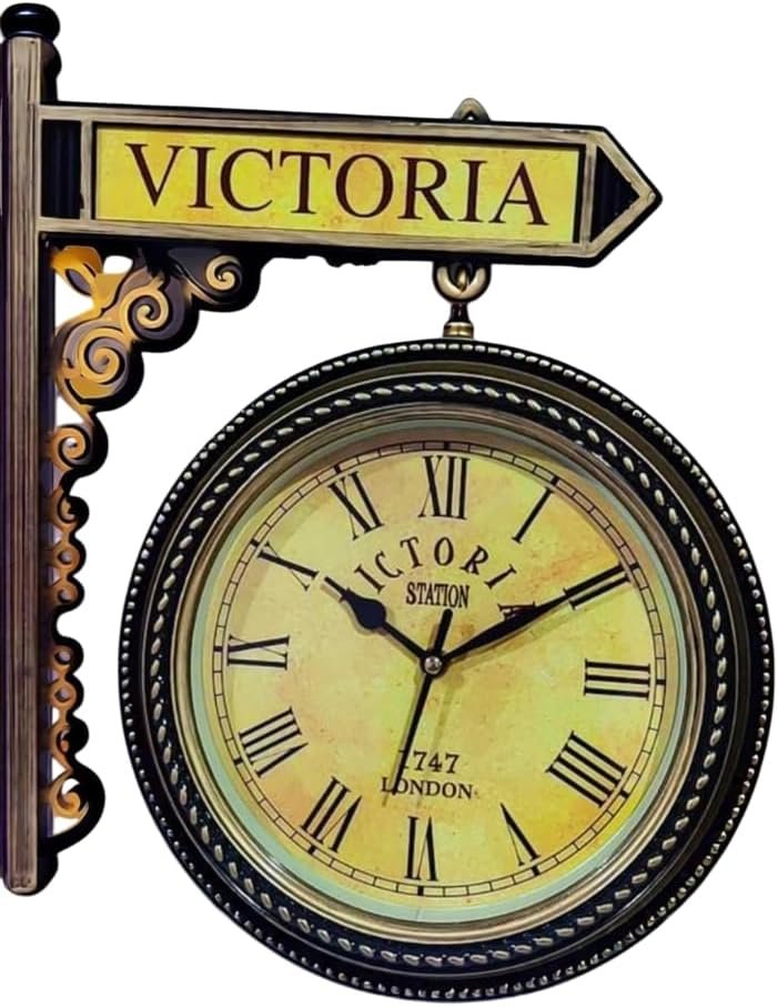 Iron Age Crafts Victoria Station Double-Sided Wall Clock, Antique Style, Decorative Metal Frame, Yellow Face with Roman Numerals,