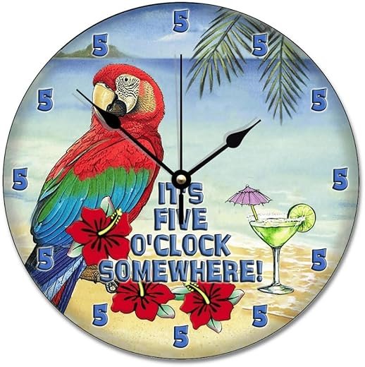 It 5 Oclock Somewhere Wall Clock Parrot Martini Retired Wood Clock 10 inch Wall Clock Battery Operated Silent Non Farmhouse Wall Decor Home Decor for Bathroom Kitchen Living Room Bedroom