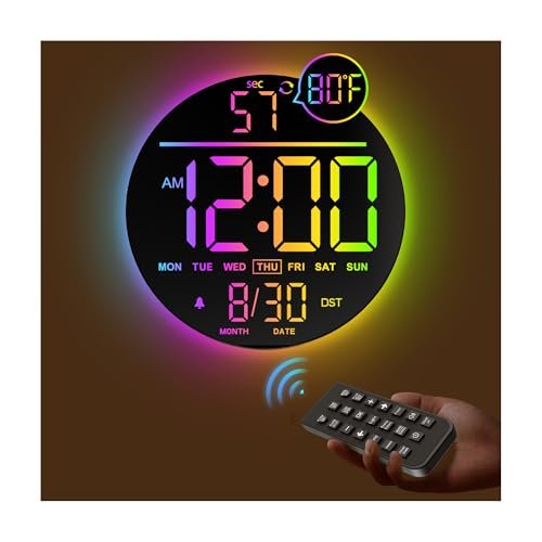 JALL 10" Large Digital Wall Clock with Seconds, Alarm Countdown Timer, Big LED Display, RGB Color, DST, Temperature, Mounted for Bedroom Living Room Office Classroom Gym, Xmas Birthday Gift, RGB