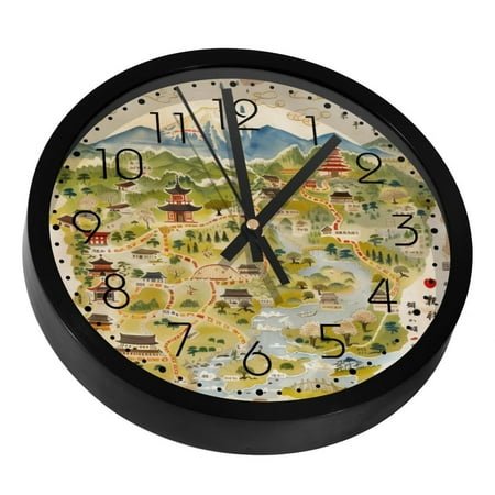 Japanese Travel Map Silent Wall Clock, Non Ticking Battery Operated 9.8 Inch Wall Clocks for Bedroom Kitchen Home Office School Art Decor