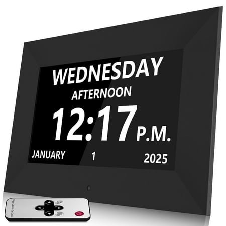 Jazeyeah 7 Inch Digital Alarm Clock with Date and Day of Week for Seniors-12 Alarms 20 Reminder Large Display Auto Dimmable Perfect for Elderly
