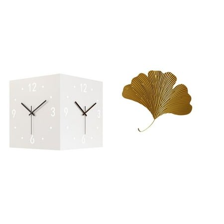 jicheng Modern Square Double Sided Corner Wall Clock with Wrought Iron Ginkgo Leaves Abstract Sculpture Silent Decorative Clock for Restaurant Hotel Dining Room Office Farmhouse