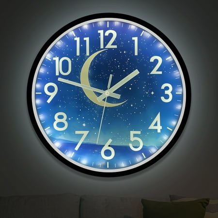 JoFomp Luminous Wall Clock, 12 inch LED Night Light Silent Clock, Glow in The Dark Moon and Starry Sky, Lighted Clock with Smart Sensor(White Light)