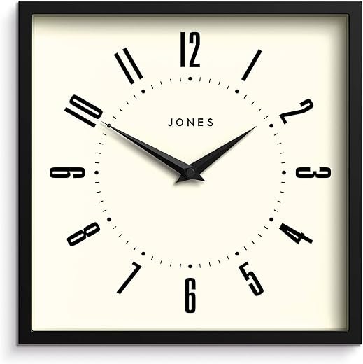 JONES CLOCKS® Box Wall Clock | Retro Square | 10 inch | Black | Easy to Read Numbers | Perfect Kitchen or Office Clock