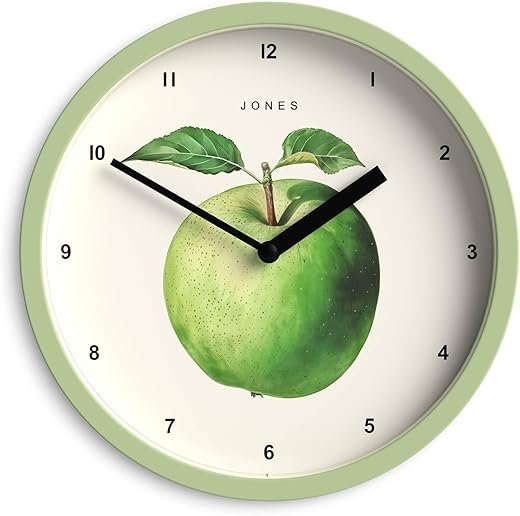 JONES CLOCKS® Fruit Wall Clock | Small Round Clock | 8 inch | Green | Botanical Illustrated Apple Artwork | Ideal for Kitchen and Dining Rooms.