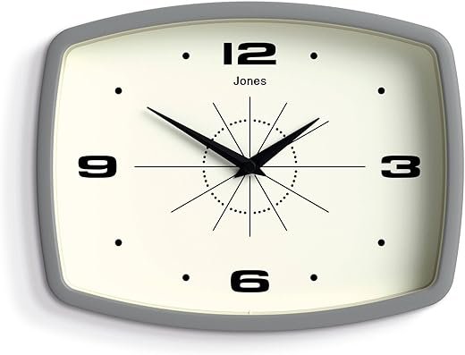 JONES CLOCKS® Movie Wall Clock | Rectangular Retro Clock | 10 inch | Gray | Cool mid-Century Designer Look for Kitchen, Living Room or Office
