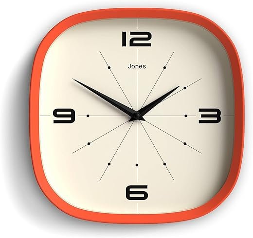 JONES CLOCKS® Pulsar Wall Clock | Square Rounded Retro Clock | 10 inch | Orange | Cool Designer Look for Kitchen, Living Room or Office