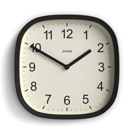 JONES CLOCKS® Sprite Wall Clock | Modern Retro Rounded Square Clock | 10 inch | Black | Easy to Read Numbers | Perfect for Kitchen or Office