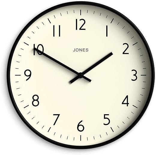JONES CLOCKS® Studio Wall Clock | Modern Round Style | 12 inch | Black | Easy to Read Numbers | Versatile Design for Kitchen, Living Room or Office