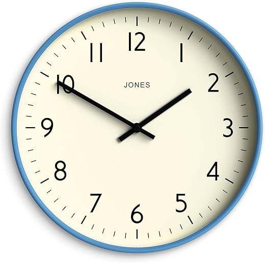 JONES CLOCKS® Studio Wall Clock | Modern Round Style | 12 inch | Mid Blue | Easy to Read Numbers | Versatile Design for Kitchen, Living Room or Office