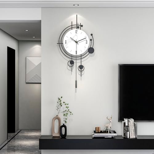 JTWALCLOCK Modern Wall Clock for Living Room Decor Large Decorative Metal Wall Clock with Pendulum 14 Inch Big Black Silent Unique Clock Battery Operated Non Ticking for Kitchen Office Bedroom