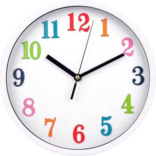 Jucoan 10 Inch Colorful Kid Wall Clock, Silent Non Ticking Quartz Battery Operated Decorative Round Clock for Children Bedroom, Nursery Room, School, Home