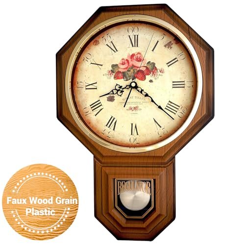 JUSTIME Traditional Schoolhouse Classic Vintage Rose Regulator Wall Clock, Chiming Wall Clocks with Pendulum & Westminster Chime Hourly, Schoolhouse Wall Decor Battery Operated (Light Wood Grain)
