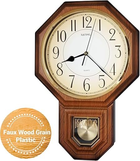 JUSTIME Traditional Schoolhouse Gradient Arabic Regulator Wall Clock, Chiming Wall Clocks with Pendulum & Westminster Chime Hourly, Schoolhouse Wall Decor Battery Operated (Light Wood Grain)