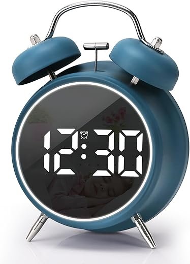 JUSTUP Digital Small Alarm Clock, 4.5 Inch Double Bell Electronic LED Alarm Clock, Plug in or Battery Operated Silent Metal Table Clock, Bedside Loud Bell Clock for Heavy Sleepers Adults Kids (Blue)