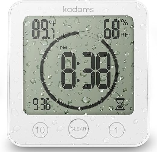 KADAMS Shower Clock Waterproof Bathroom Timer – Digital Wall Clock with Countdown, Magnetic Kitchen Clock with Temperature & Humidity, Suction Cup for Kids Shower Spa Sauna Cook Bath, White