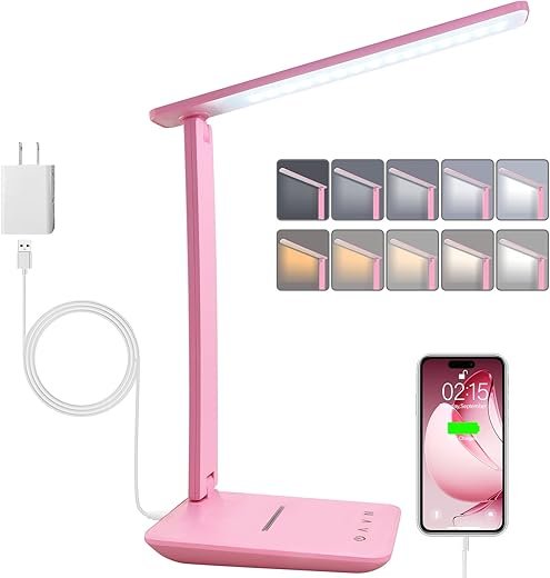 karidi LED Desk Lamp Dimmable Table Lamp with USB Charging Port, 5 Lighting Modes, Sensitive Control, Foldable Portable Desk Light for Home Office Bedroom Reading (Pink, Standard Size - 13.3 inch)