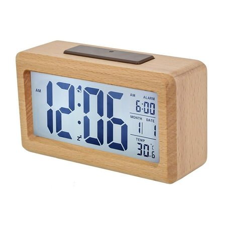 KDJ 13.8*7.7CM Wooden Alarm Clock with Light-Sensitive Date and Temperature - for Home Decor