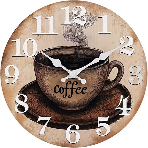 Keepcross Kitchen Wall Clock Coffee Cup Theme Rustic Vintage Glass Clock for Kitchen,Cafe,Coffee Bar Decor- 8 Inch Battery Operated