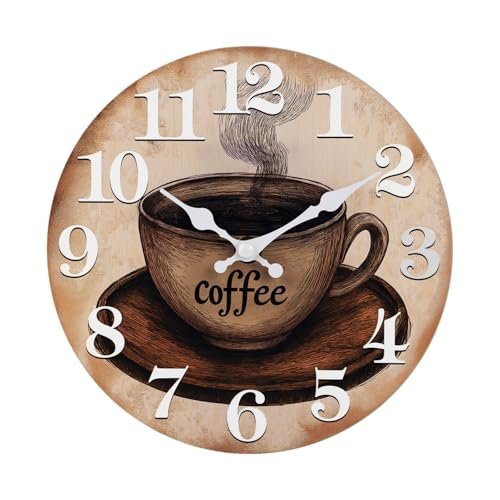 Keepcross Kitchen Wall Clock Coffee Cup Theme Rustic Vintage Glass Clock for Kitchen,Cafe,Coffee Bar Decor- 8 Inch Battery Operated