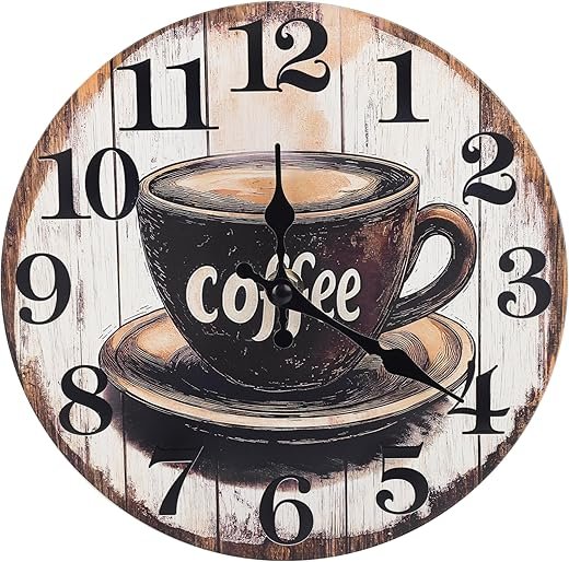 Kitchen Wall Clock,Vintage Glass Coffee Sign Decor Wall Clocks Battery Operated-8 Inch