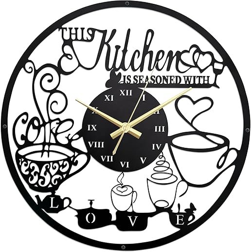 Kitchen Wall Clock with Coffee Cup Design - Decorative Iron Wall Art for Kitchen, Office, and Living Room