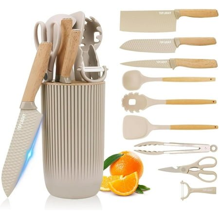 Knife Set, 10 Pieces Professional Kitchen Knife Set with Universal Knife Block, Non-stick Heat Resistan Kitchen Tools and Gadgets with Wooden Handle (Khaki)