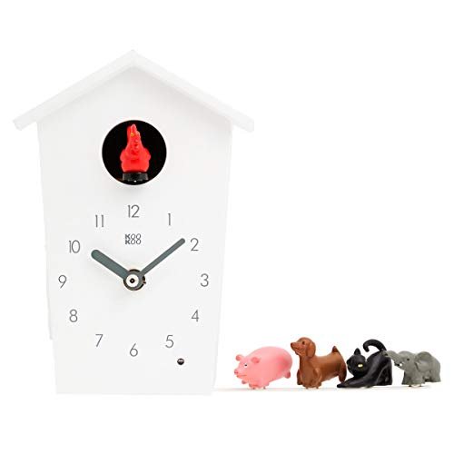 KOOKOO AnimalHouse White, Small Cuckoo Clock with 5 Farm Animals Sounds (Natural Field Recordings)