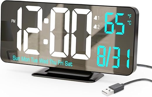 KOSUMOSU Digital Alarm Clock 6.7in Black Clock for Bedroom, Dual Alarm, Date, Seconds,Day of Week,12/24h,Dimming, Temp, Desk Clock, LED Clock for Living Room, Calendar Digital Clock