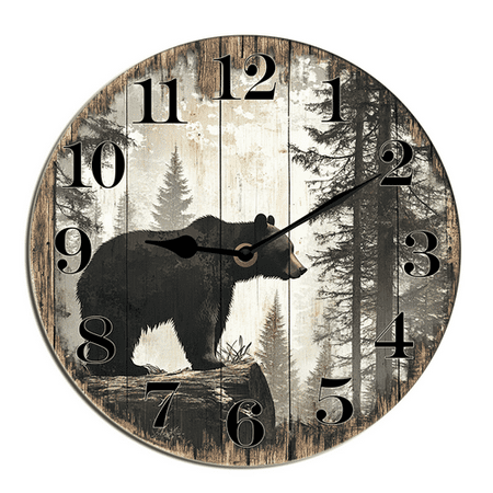 Kurmntregon Cabin Bear Wall Clock Forest Wildlife Mountain Lodge Non Ticking Silent Kitchen Clock Battery Operated Clocks For Living Room Bedroom Living Room Decor Round 10