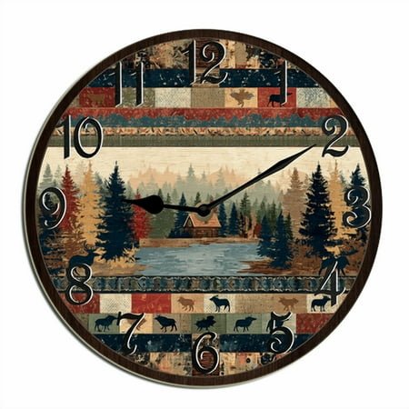 Kurmntregon Cabin Bear Wall Clock Forest Wildlife Mountain Lodge Wooden For Kitchen Bathroom Silent Non Ticking Decorative Clock Battery Operated Home Office Living Room Decor Round 10